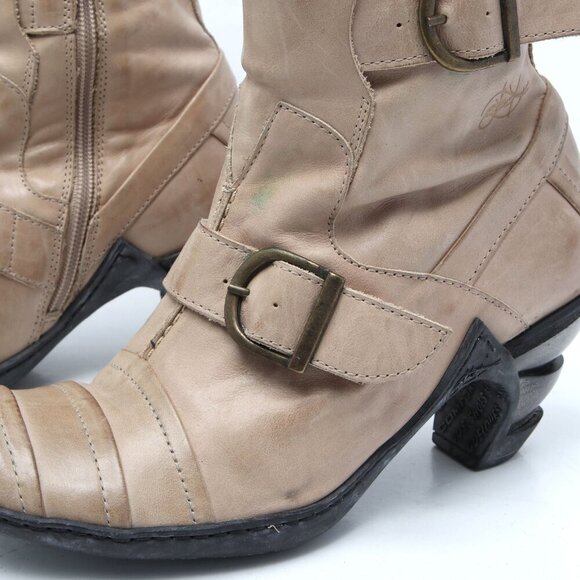 Eject Leather Boot Steampunk Moto Booties Buckles Straps Spiral Heel Tan Beige - Picture 6 of 12